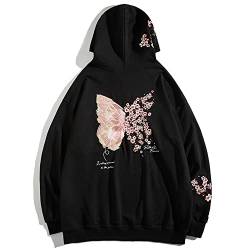 Hoblehti Schmetterling bestickter Hoodie Hip Hop Langarm Pullover Sweatshirts Paar Retro Loose Streetwear für Männer Frauen, Black01, L von Hoblehti