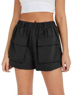 Damen Cargo Shorts Stretch Sommer Casual High Waist Kurze Hosen mit Taschen für Outdoor Wandern、Camping Schwarz XL von Hobrounn