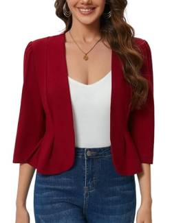 Hobrounn Blazer Damen Elegant Kurze Open Front 3/4 Arm Kurzblazer Sportlich Jack Einfarbig Cardigan Arbeit Weinrot L von Hobrounn