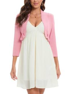 Hobrounn Bolero Damen Festlich 3/4 Ärmel Elegant Strickjacke Kurz Cardigan Bolerojacke Open Front Shrug Oberteile für Cocktail Party Hochzeit(Rosa,M) von Hobrounn