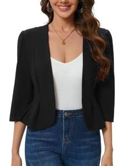 Hobrounn Damen Blazer Sportlich Elegant 3/4 Ärmel Blazer Jacke Casual Arbeit Büro Kurzblazer Anzug für Damen Schwarz XL von Hobrounn