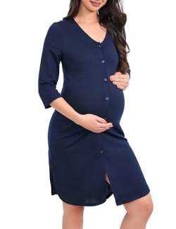 Hobrounn Damen Kurzarm Stillnachthemd Geburt V-Ausschnitt Schwangerschaft Geburt Nachthemd mit Knopfleiste Umstandsnachthemd Kurz Navy Blau XL von Hobrounn