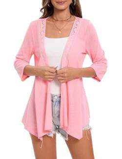 Hobrounn Damen Leichte Strickjacke Kurzarm Sommer 3/4 Arm Cardigan Jacke Elegante Leichte Cover Up Strickjacken Rosa S von Hobrounn