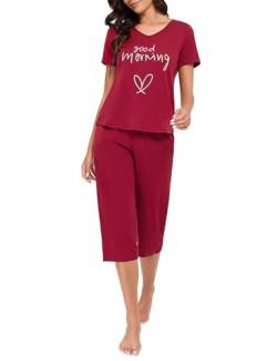 Hobrounn Damen Schlafanzug Capri Sommer Kurzarm Pyjama Set mit 3/4 Hose Lang Sleepshirt Zweiteiliger, Schwarz, L von Hobrounn