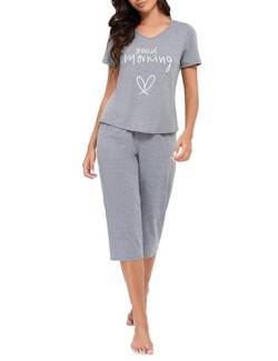 Hobrounn Damen Schlafanzug Capri Sommer Kurzarm Pyjama Set mit 3/4 Hose Lang Sleepshirt Zweiteiliger, Schwarz, L von Hobrounn
