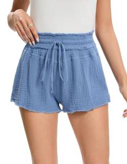 Hobrounn Damen Shorts Lässige Baumwolle Kurze Sommerhose mit Kordelzug Lockere Shorts mit Taschen Gummiband Freizeit Shorts Elastische Hosen, Blau, L von Hobrounn