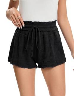 Hobrounn Damen Shorts Lässige Baumwolle Kurze Sommerhose mit Kordelzug Lockere Shorts mit Taschen Gummiband Freizeit Shorts Elastische Hosen, Schwarz, L von Hobrounn