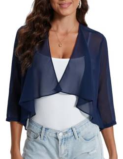 Hobrounn Damen Sommer Bolero Festlich Chiffon 3/4 Ärmel Strickjacke Cardigan Frauen Kurz Elegant Shrug Leichte Dünn Schulterjacke Bolerojacke Tops(Navy blau,L) von Hobrounn