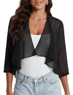 Hobrounn Damen Sommer Bolero Festlich Chiffon 3/4 Ärmel Strickjacke Cardigan Frauen Kurz Elegant Shrug Leichte Dünn Schulterjacke Bolerojacke Tops(Schwarz,M) von Hobrounn