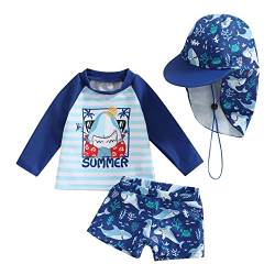 Baby-Badeanzug für Neugeborene, Jungen, 2-teilig, UV-Schutz, Langarmshirt + Badeshorts + Sonnenhut, Schwimmanzug, Blau gestreift Hai, 12-18 Monate von HodJIU