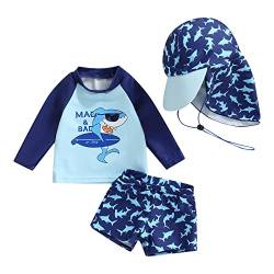 Baby-Badeanzug für Neugeborene, Jungen, 2-teilig, UV-Schutz, Langarmshirt + Badeshorts + Sonnenhut, Schwimmanzug, Haiblau, 2- 3 Jahre von HodJIU
