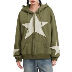 Frauen Y2K Zip Up Hoodie Star Print Übergroße Sweatshirts Fairy Grunge Grafik Kapuzenjacke Harajuku Ästhetische E-Girls Streetwear, B-grün, 36 von HodJIU