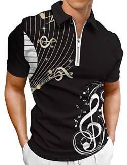 Hodaweisolp Herren Langarm-Polo-Shirt, lässiger Reißverschluss, bedruckt, sportlich, Golf, Tennis, T-Shirt, Eine schwarze Musik, XL von Hodaweisolp