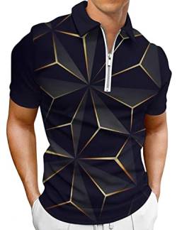 Hodaweisolp Herren-Poloshirt, langärmelig, lässiger Reißverschluss, bedruckt, athletisches Golf-Tennis-T-Shirt, 3D-kubische Geometrie, L von Hodaweisolp