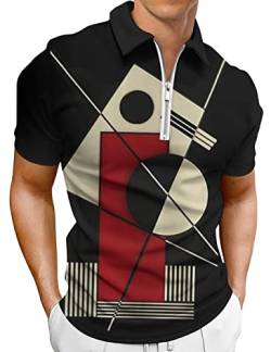 Hodaweisolp Herren-Poloshirt, langärmelig, lässiger Reißverschluss, bedruckt, athletisches Golf-Tennis-T-Shirt, Schwarze Geometrie, Mittel von Hodaweisolp