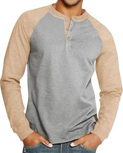 Herren Henley Hemd Langarm Tops Baumwolle T-Shirts Button Rundhals Casual Basic Tee Slim Fit GrauGelb L von Hoefirm