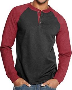 Herren Henley Hemd Langarm Tops Baumwolle T-Shirts Button Rundhals Casual Basic Tee Slim Fit SchwarzRot XXL von Hoefirm