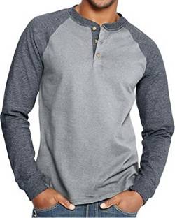 Herren Henley Hemd Langarm Tops Baumwolle T-Shirts Button Rundhalsausschnitt Casual Basic Tee Slim Fit Grau XL von Hoefirm