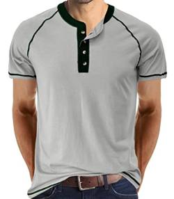 Herren Lang/Kurzarm Top Henley T-Shirt Knopf Rundhals Baumwolle Freizeithemden Slim Fit Full Sleeve Basic Tee Grau XXL von Hoefirm