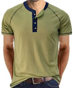 Herren Lang/Kurzarm Top Henley T-Shirt Knopf Rundhals Baumwolle Freizeithemden Slim Fit Full Sleeve Basic Tee Hellgrün XL von Hoefirm