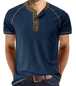 Herren Lang/Kurzarm Top Henley T-Shirt Knopf Rundhals Baumwolle Freizeithemden Slim Fit Full Sleeve Basic Tee Royalblau L von Hoefirm