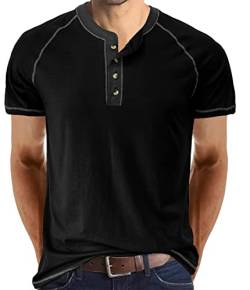 Herren Lang/Kurzarm Top Henley T-Shirt Knopf Rundhals Baumwolle Freizeithemden Slim Fit Full Sleeve Basic Tee Schwarz S von Hoefirm