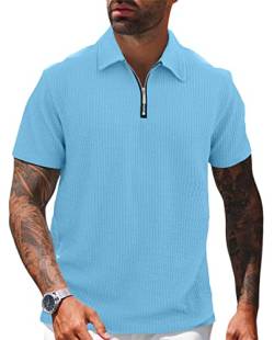 Herren Poloshirt Golf Kurzarm Reißverschluss Hals Basic T-Shirt Tennis Sport Poloshirt Casual Baumwolle Top Arbeitskleidung, blau, S von Hoefirm