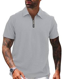 Herren Poloshirt Golf Kurzarm Reißverschluss Hals Basic T-Shirt Tennis Sport Poloshirt Casual Baumwolle Top Arbeitskleidung, grau, L von Hoefirm