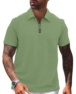 Herren Poloshirt Golf Kurzarm Reißverschluss Hals Basic T-Shirt Tennis Sport Poloshirt Casual Baumwolle Top Arbeitskleidung, grün, 3XL von Hoefirm