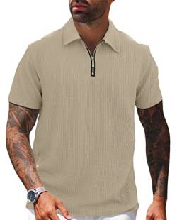 Herren Poloshirt Golf Kurzarm Reißverschluss Hals Basic T-Shirt Tennis Sport Poloshirt Casual Baumwolle Top Arbeitskleidung, khaki, 3XL von Hoefirm