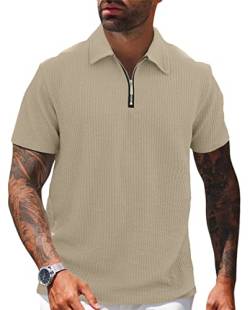 Herren Poloshirt Golf Kurzarm Reißverschluss Hals Basic T-Shirt Tennis Sport Poloshirt Casual Baumwolle Top Arbeitskleidung, khaki, M von Hoefirm