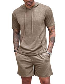 Herren Trainingsanzug 2 Stück Hooded Athletic Sweatsuit Kurzarm Casual Sport Hoodie Shorts Set Pullover Jogger, braun, XXL von Hoefirm