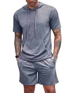 Herren Trainingsanzug 2 Stück Kapuze Athletic Sweatsuit Kurzarm Casual Sport Hoodie Shorts Set Pullover Jumper Jogger, blau, M von Hoefirm