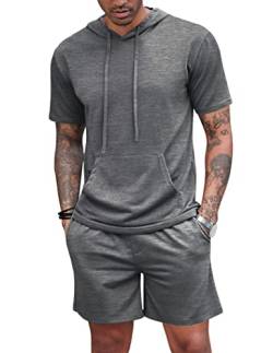 Herren Trainingsanzug 2 Stück Kapuze Athletic Sweatsuit Kurzarm Casual Sport Hoodie Shorts Set Pullover Jumper Jogger, grau, XXL von Hoefirm