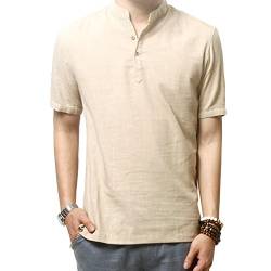 HOEREV Männer lässig Kurzarm Leinen Slim Fit Hemden Beach Shirts,Beige,DE 46 Größe S von Hoerev