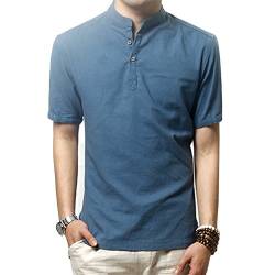 HOEREV Männer lässig Kurzarm Leinen Slim Fit Hemden Beach Shirts,Blau,DE 48 Größe M von Hoerev