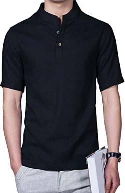 HOEREV Männer lässig Kurzarm Leinen Slim Fit Hemden Beach Shirts,Schwarz,DE 48 Größe M von Hoerev