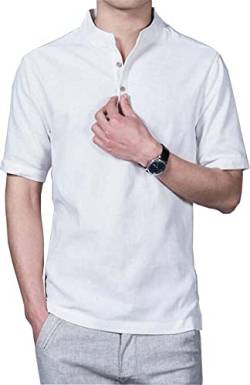 HOEREV Männer lässig Kurzarm Leinen Slim Fit Hemden Beach Shirts,Weiß,DE 46 Größe S von Hoerev