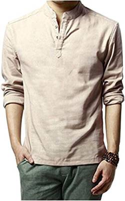HOEREV Marke Men Casual Langarm-Leinen Shirts Strand-Hemden- Gr. L Brust 98-102cm DE50, Farbe: Beige von Hoerev