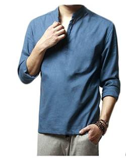 HOEREV Marke Men Casual Langarm-Leinen Shirts Strand-Hemden- Gr. L Brust 98-102cm DE50, Farbe: Blau von Hoerev