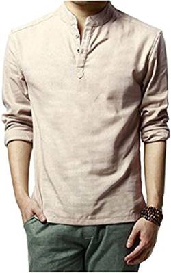 HOEREV Marke Men Casual Langarm-Leinen Shirts Strand-Hemden- Gr. M Brust 94-98cm DE48, Farbe: Beige von Hoerev