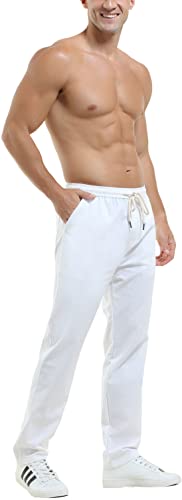 HOEREV Men Casual Strandhosen Leinen Hose- Gr. XXXL (Taille 45-47 zoll), Weiß von Hoerev