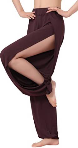 Hoerev Damen weichen Schlitz Bein Hose Harem Dance Yoga Pilates Hose,Braun,M von Hoerev