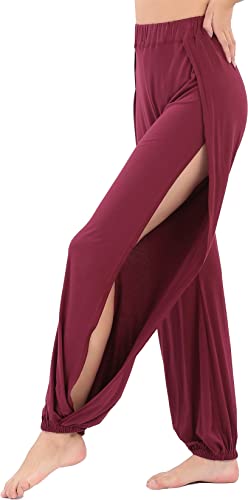 Hoerev Damen weichen Schlitz Bein Hose Harem Dance Yoga Pilates Hose,Dunkel Rot,M von Hoerev