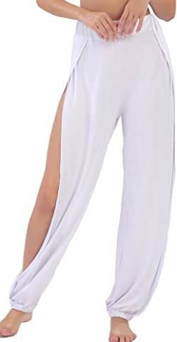 Hoerev Damen weichen Schlitz Bein Hose Harem Dance Yoga Pilates Hose,Weiß,M von Hoerev