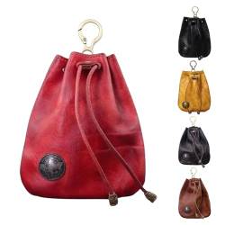 Handmade Cowhide Retro Storage Bag, Portable Retro Handmade Key Pouch, Vintage Leather Drawstring Coin Purse Car Key Bag, Small Leather Drawstring Pouch for Men & Women (Red) von Hohny
