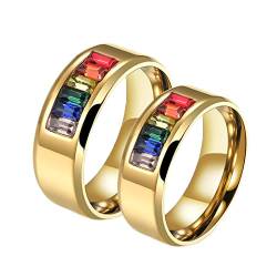 Hoisy Verlobungsring Damen Edelstahl, Eheringe Gold Paar Goldener LGBT-Ring mit Regenbogen-Zirkonia Größe Frauen 60 (19.1) und Männer 65 (20.7) von Hoisy