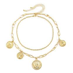 Hoisy Zarte Kette, Halskette Anhänger Gold Mehrschichtige Kette Mit Hochformatprägung Hummerschere Kette Halskette für Damen Mädchen von Hoisy