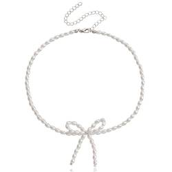 Elegante Perlen Zirkon Bowknot Halsketten für Frauen Imitation Pearl Bow Choker Halsketten Exquisite Bowknot Quaste Anhänger Halskette von Hokech