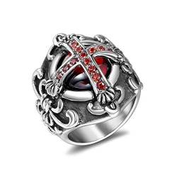 Herren Retro Edelstahl Ring Vintage Ritterkreuz Finger Ringe Schmuck Rot CZ Ring Mode Schmuck von Hokech